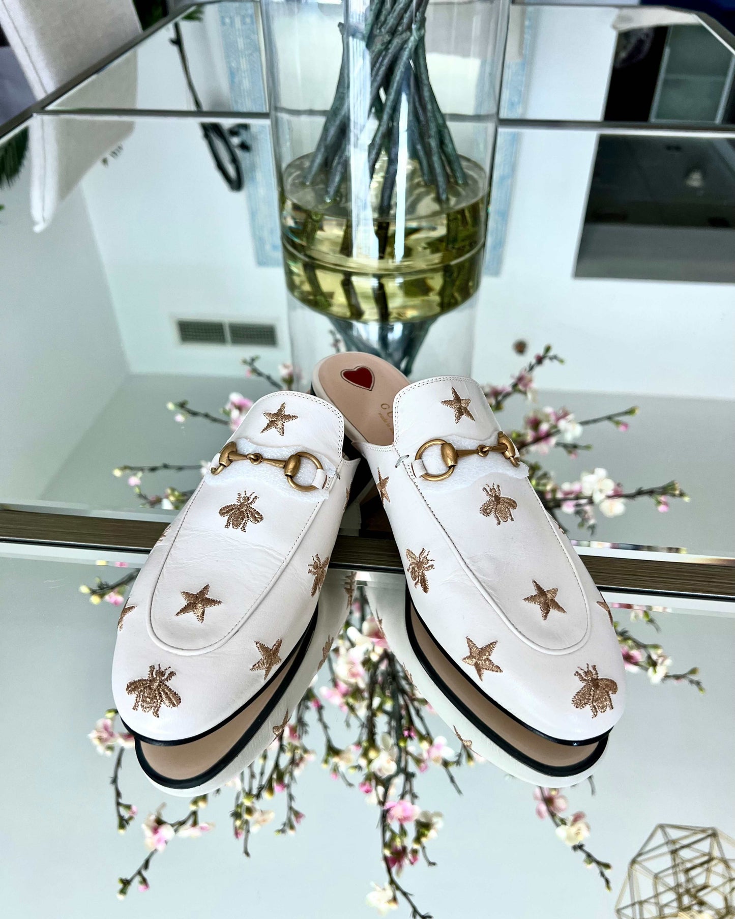 Gucci White Star & Bee Embroidered Leather Princetown Horsebit Mules